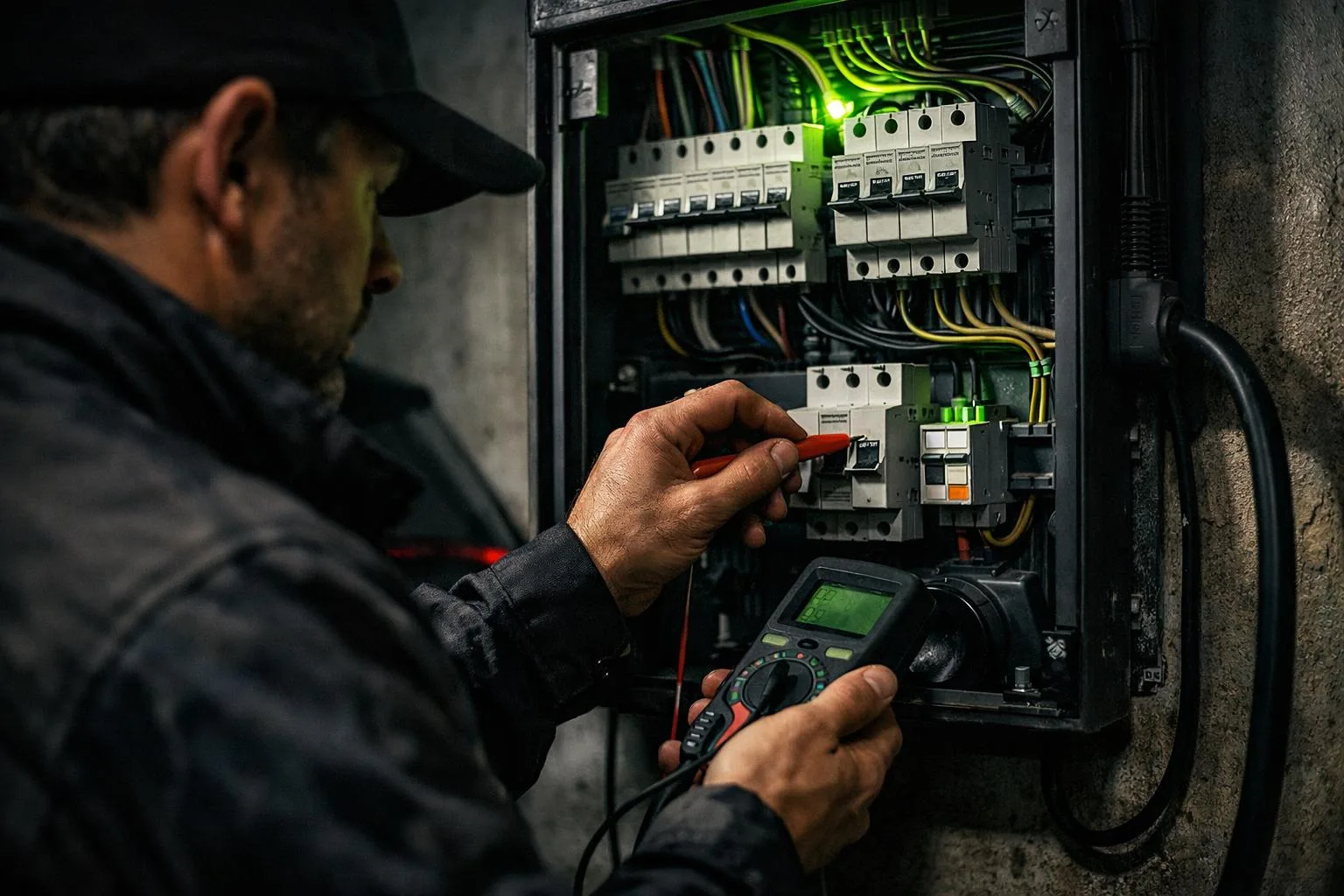Electricista haciendo la revisión del cuadro eléctrico antes de instalar el cargador