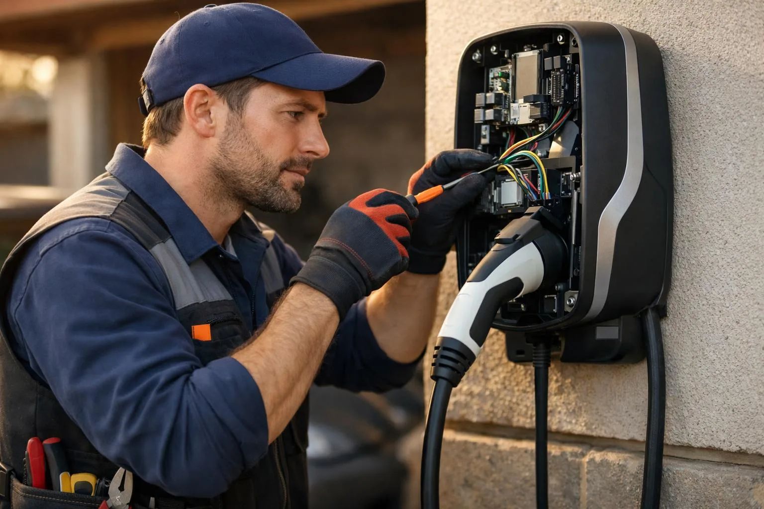 Instalador profesional montando un cargador de coche eléctrico en un garaje